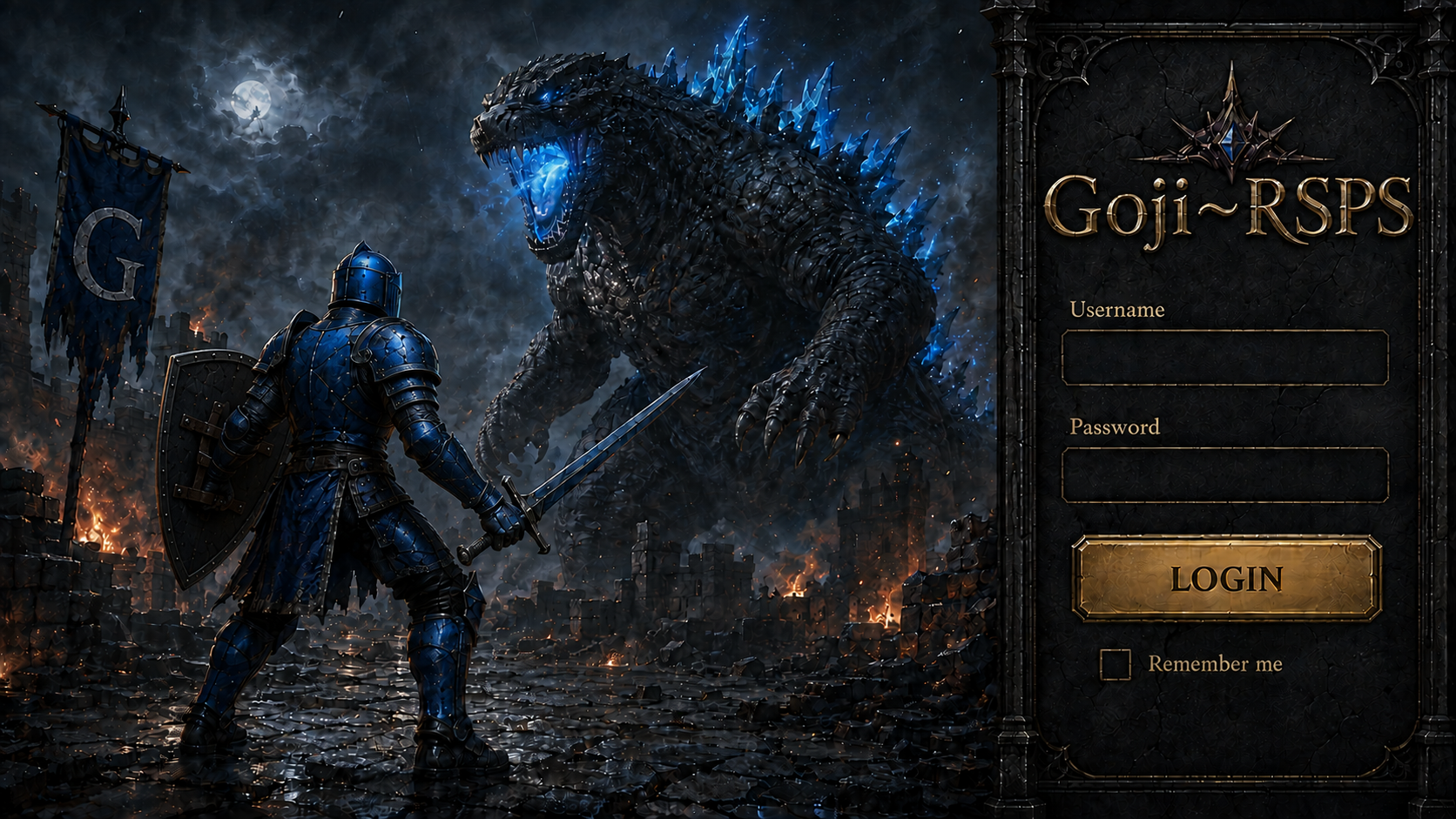 A rune-armored warrior facing a colossal blue-lit monster